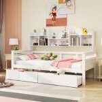 Canap� - lit 90x200 cm, lit simple avec tiroirs, �tag�res de rangement et sommier � lattes, en bois massif, ...