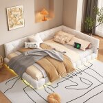 Canap� - lit pour adulte 140�200 cm, avec led, port usb + type - c, sans matelas, imitation laine, blanc ...