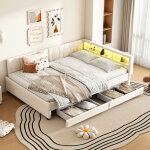 Canap� - lit adulte led 140�200cm avec rangement, 2 tiroirs, usb + type c, lin, sans matelas, beige