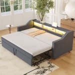 Canap� - lit convertible enfant 90 / 180x190 cm, lit gigogne, led + usb, sommier � lattes, sans matelas, ...