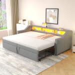 Canap� - lit convertible enfant 90 / 180x200 cm, lit gigogne, �clairage led et port usb, rev�tement lin, ...