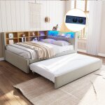Canap� - lit double 140x200 avec rangements et lit gigogne 90x190 int�gr�. multifonction, led, prises, ...