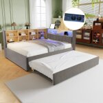 Canap� - lit double 140x200 avec rangements et lit gigogne 90x190 int�gr�. multifonction, led, prises, ...