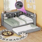 Canap� - lit double 140x200 avec rangements, prise usb et structure gigogne 90x190, bois massif, gris. ...