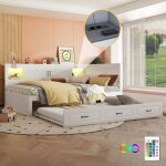 Canap - lit enfant 140x200 cm avec lit gigogne 90x190 cm, sans matelas, led, usb, panneaux de particules, ...