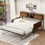 Canapé - lit enfant 90×190 / 200 cm, avec prise et rangement, lit gigogne, sans matelas, métal, marron ... Canapé - lit enfant 90×190 / 200 cm, avec prise et rangement, lit gigogne, sans matelas, métal, marron ...