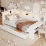 Canap� - lit enfant 90x190 / 200cm, avec lit gigogne, bureau, led + usb, sans matelas, mdf, blanc