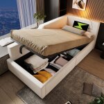 Canap� - lit enfant 90x190 lit simple velours beige, rangement hydraulique, lampe et usb - c, sommier ...