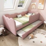 Canap� - lit enfant 90x190cm, lit gigogne, sommier � lattes tapiss�, sans matelas, velours, rose