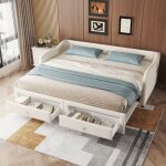 Canap - lit enfant 90x200cm avec 2 tiroirs, sans matelas, lin, style simple, beige