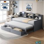 Canap� - lit enfant 90x200cm avec lit gigogne 90x190cm, usb, lit simple avec 2 tiroirs, bois, sans matelas, ...