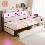 Canap� - lit fer forg� 90x200 cm avec bureau escamotable, grands tiroirs, led et prises. blanc, lit simple ...