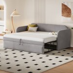 Canap� - lit gigogne 2 places 90 / 180x190 cm, rayures, tissu lin, gris clair, sommier lattes inclus ...