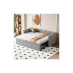 Canap� - lit gigogne, lit capitonn� 90x200 cm avec boutons et sommier � lattes, tissu velours doux pour ...