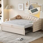 Canap - lit gigogne capitonn 90x200, port usb, classique  boutons, sommier lattes, tissu lin lit simple, ...