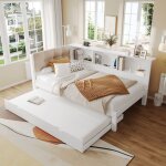 Canap� - lit led 90x190 / 200cm avec lit gigogne, lit enfant, t�te de lit capitonn�e, 3 �tag�res, sans ...