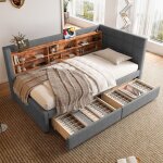 Canap - lit mridienne 90x200 avec 2 tiroirs, charge usb / type - c et sommier - tissu lin gris lit ...