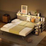 Canap� - lit m�tallique 90x200 cm - avec 3 tiroirs, lit gigogne r�glable, led et port usb - noir