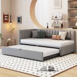 Lit simple 90 / 180x200 cm, canap� - lit en l avec lit gigogne, tissu en velours beige, sans matelas