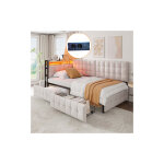 Canap� - lit simple 90 x 200 cm, lit moelleux avec 2 tiroirs, lampe de chevet et prise usb, tissu en ...