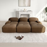 Canap� modulable 3 places 298x178x75 cm en velours c�tel� ? sofa convertible avec m�ridienne et 3 poufs, ...