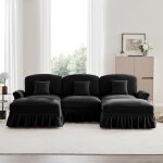 Canap� modulable 3 places en u, tissu chenille, style mid - century moderne, jupe � volants et repose ...