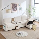 Canap� modulaire beige velours c�tel�, confort memory foam, console mobile et rangement int�gr�, pouf ...