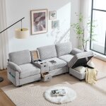 Canap� modulaire gris clair velours c�tel�, confort memory foam, console mobile et rangement int�gr�, ...