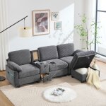 Canap� modulaire gris fonc� velours c�tel�, confort memory foam, console mobile et rangement int�gr�, ...