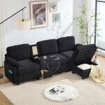 Canap� modulaire noir velours c�tel�, confort memory foam, console mobile et rangement int�gr�, pouf ...