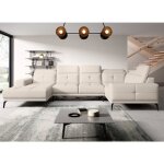 Canap� panoramique design skaw simili cuir - t�ti�res r�glables a droite - cr�me - m�ridienne a droite ...