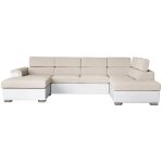 Canap� panoramique paola convertible 2 coffres en tissu easy clean antitache et simili - beige / blanc ...