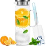 Carafe eau, pichet en verre, cruche en verre avec couvercle et anse - 1. 5litres