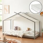 [en. casa] - lit enfant brome forme maison avec matelas 90 x 200 cm gris blanc