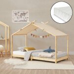 [en. casa] - lit enfant brome forme maison avec matelas 90 x 200 cm naturel beige