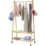 Portant  vtements en bambou avec roulettes porte - manteaux avec 2 tagres 4 crochets rangement mobile ...