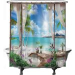 Ccykxaa 150 x 180 cm bleu, blanc, vert rideau de douche, motif plage et mer, nature lavable, anti - moisissure ...