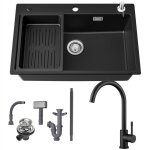 Cecipa max - vier en granit 70�45 cm + robinet, �vier � poser avec �gouttoir et distributeur de savon ...