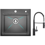 Cecipa - vier inox noir �vier 1 bac 50 � 45 cm �vier de cuisine + mitigeur de cuisine � ressort avec ...