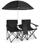 Chaise de camping avec parasol double chaise pliante avec porte - gobelet sac isotherme noir