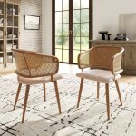 Lot de 2 chaise de salle  manger couleur naturelle, fauteuil de salon, dossier en rotin, 4 pieds, velours ...