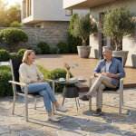 Chaises de jardin - lot de 2 empilables en aluminium, dossier haut avec accoudoirs imitation bois, tissu ...