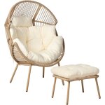 Chaise de jardin avec pouf repose - pieds intrieur extrieur en polyrotin beige naturel avec coussins ...