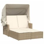 Chaise longue?bain de soleil?transat double avec auvent et coussins beige poly rotin cfw85791