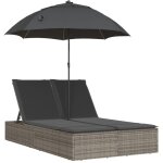 Chaise longue?bain de soleil?transat double et coussins et parasol gris r�sine tress�e cfw48451