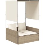 Chaise longue?bain de soleil?transat double avec toit et rideaux beige r�sine tress�e cfw21015