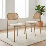 Chaise de salle � manger lot de 2, 80. 5cm, assise rembourr�e et dossier rotin tress�, m�tal, design ...