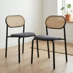 Chaise de salle � manger lot de 2, 80. 5cm, assise rembourr�e et dossier rotin tress�, m�tal, design ...