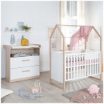 Chambre b�b� duo : lit 60 x 120 cm + commode a langer �volutive - cabane - roba - chene / blanc