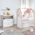 Chambre b�b� duo : lit 60 x 120 cm + commode a langer �volutive - cabane - roba - chene / blanc